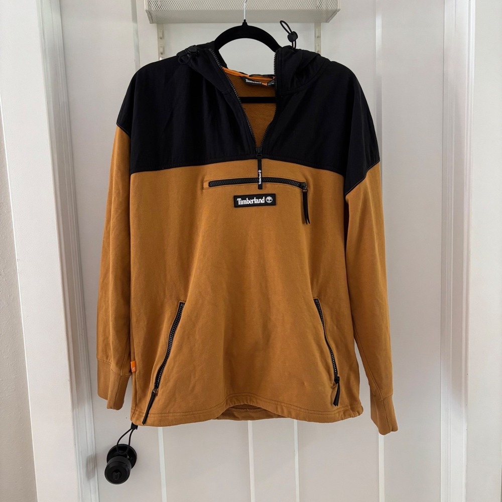 Timberland Relaxed Fit Hoodie Sweatshirt Pullover Black Gold Mens Medium‎ EUC